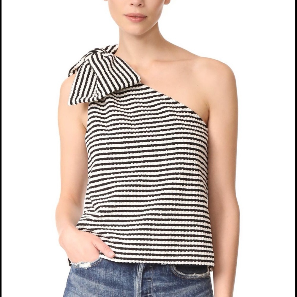 Club Monaco Black and White Striped One-Shoulder Top